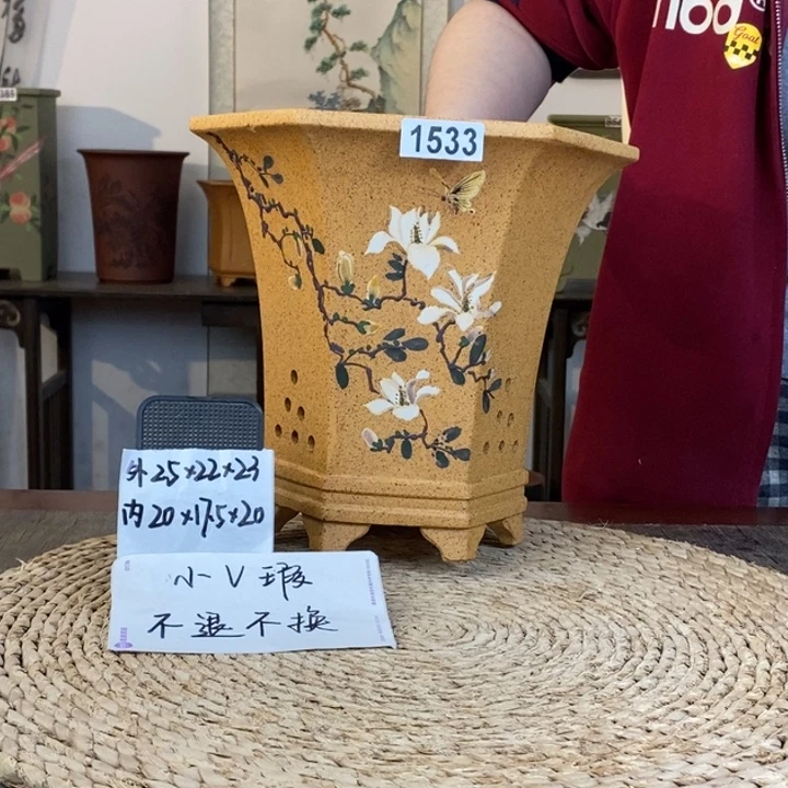 紫砂花盆  微微瑕柴烧玉兰手绘大六方1533