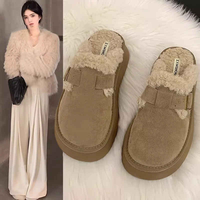 厚底包头半拖鞋女外穿2025新款秋冬加绒保暖羊羔毛毛勃肯鞋子棉拖
