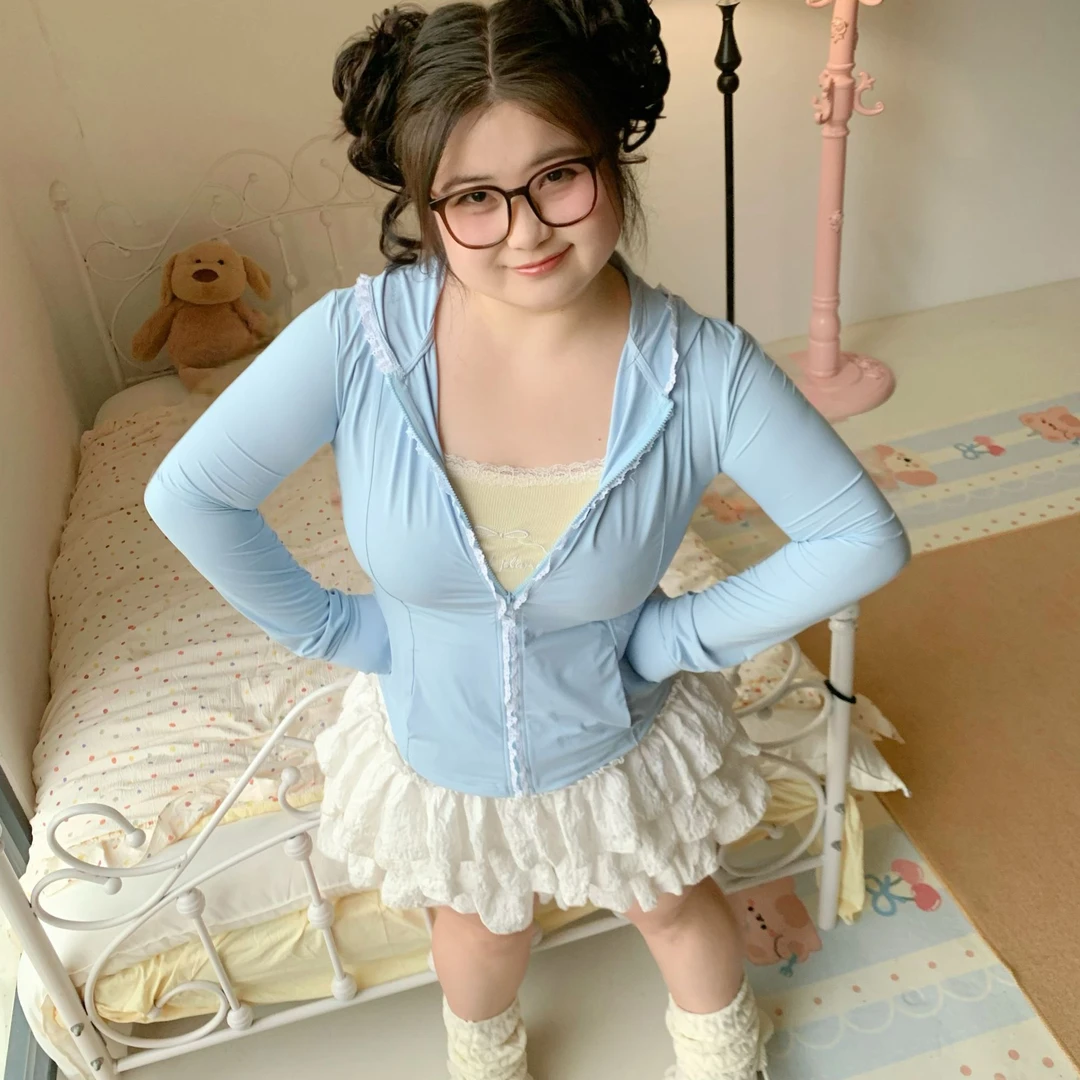 防晒连帽衫蕾丝花边大码拉链少女可爱休闲百搭出游秋季外套轻薄