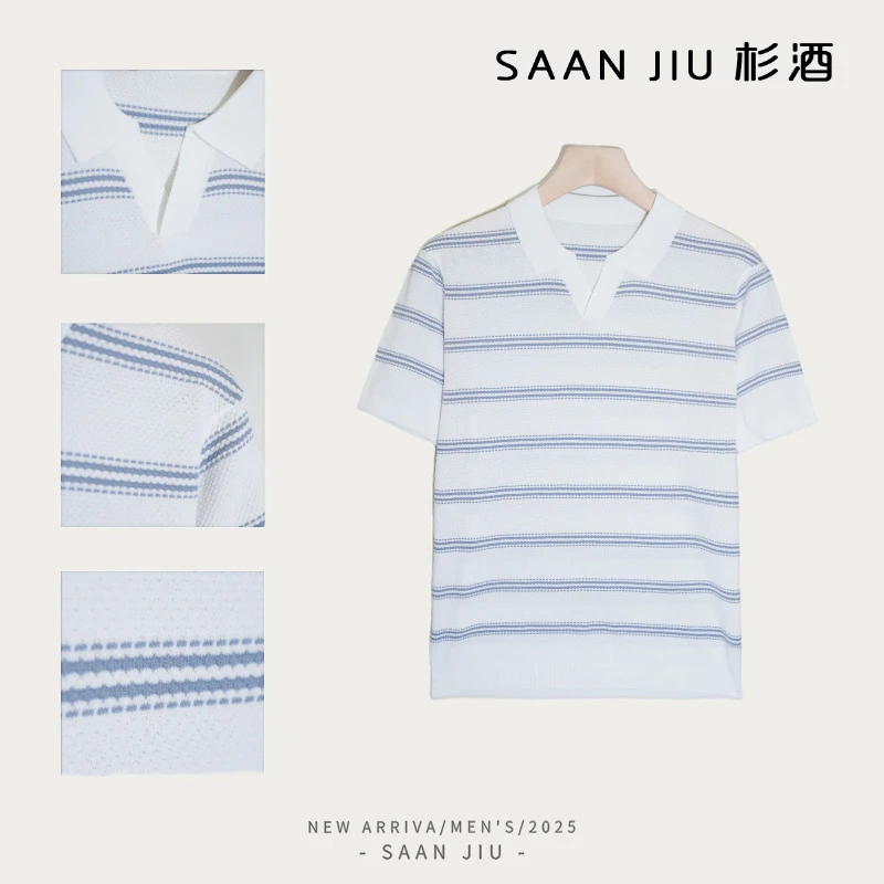杉酒SJ【弹力凉感莱赛尔】polo衫男款横条纹时尚设计款针织短袖半袖