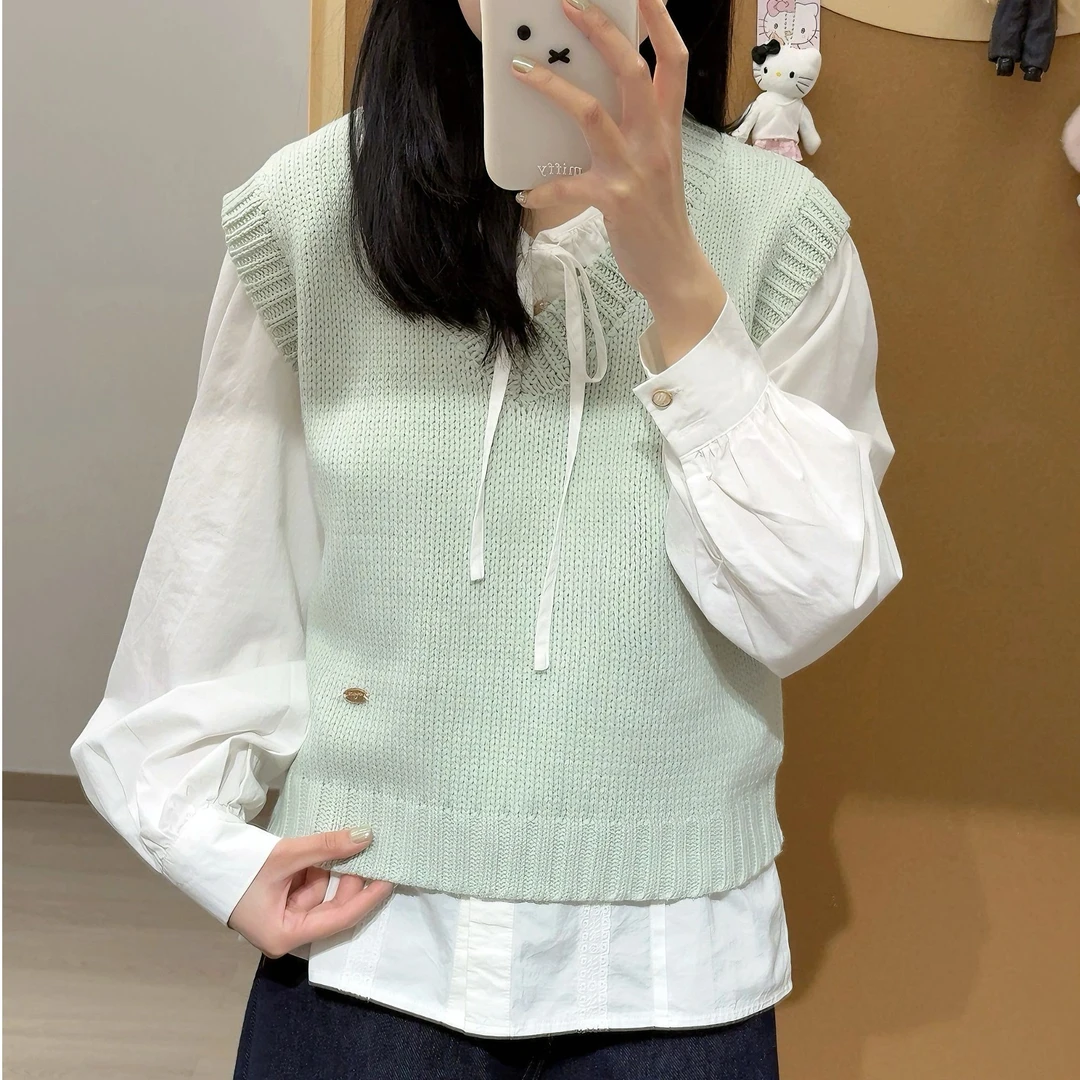 豆芽大王【薄荷】韩系时尚休闲百搭叠穿针织马甲无袖V领背心上衣