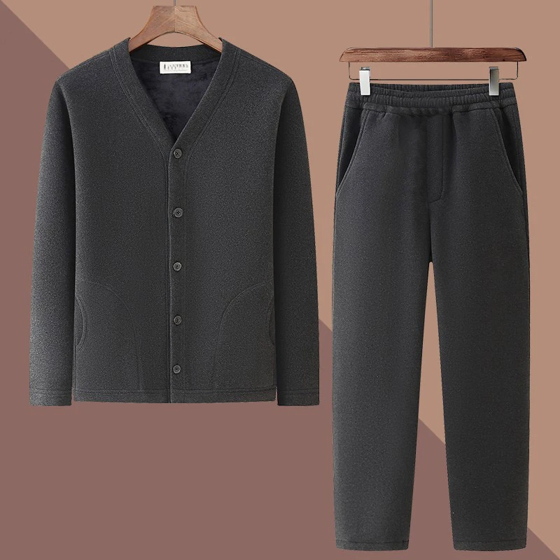 新中式老年人保暖棉服加绒加厚爸爸套装棉袄中老年冬季开衫外套-K