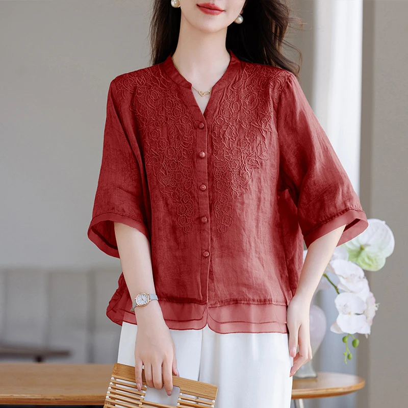文艺复古苎麻刺绣五分袖衬衫女2025夏季新款宽松洋气减龄小衫上衣