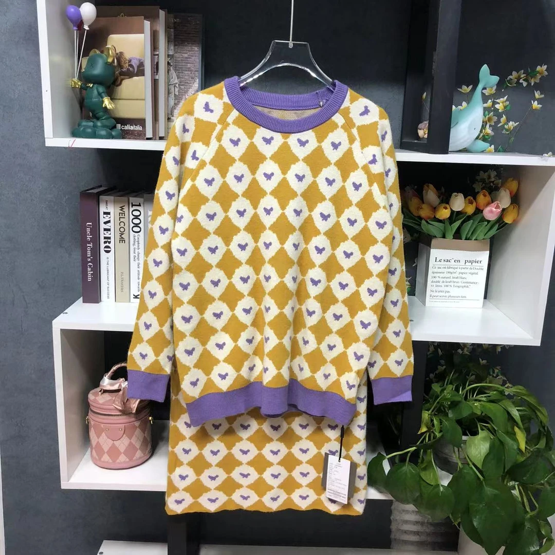 LZ6539【品牌撤柜】时尚圆领黄色撞色菱形印花半身裙两件套