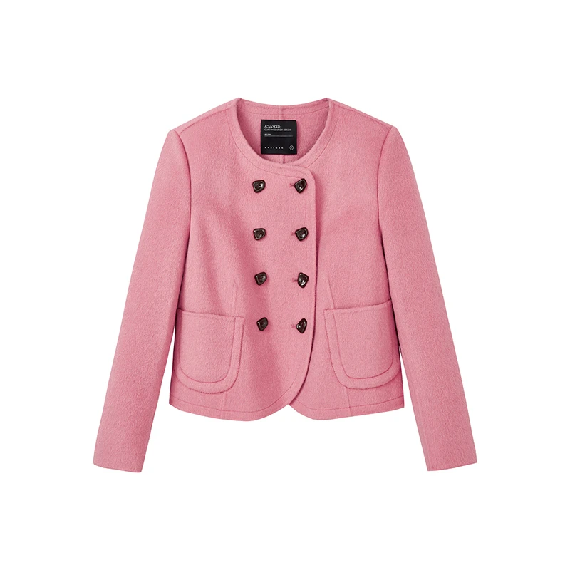 【籽言专属】小香风毛呢外套气质粉色双面呢大衣X09BDS8806