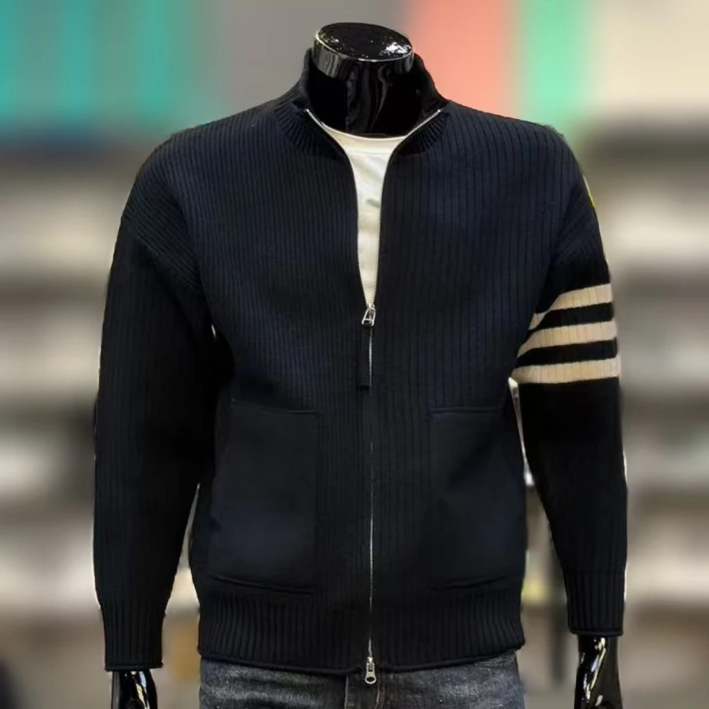 2025春秋新款针织上衣儒雅绅士修身立领夹克时尚简约商务休闲外套