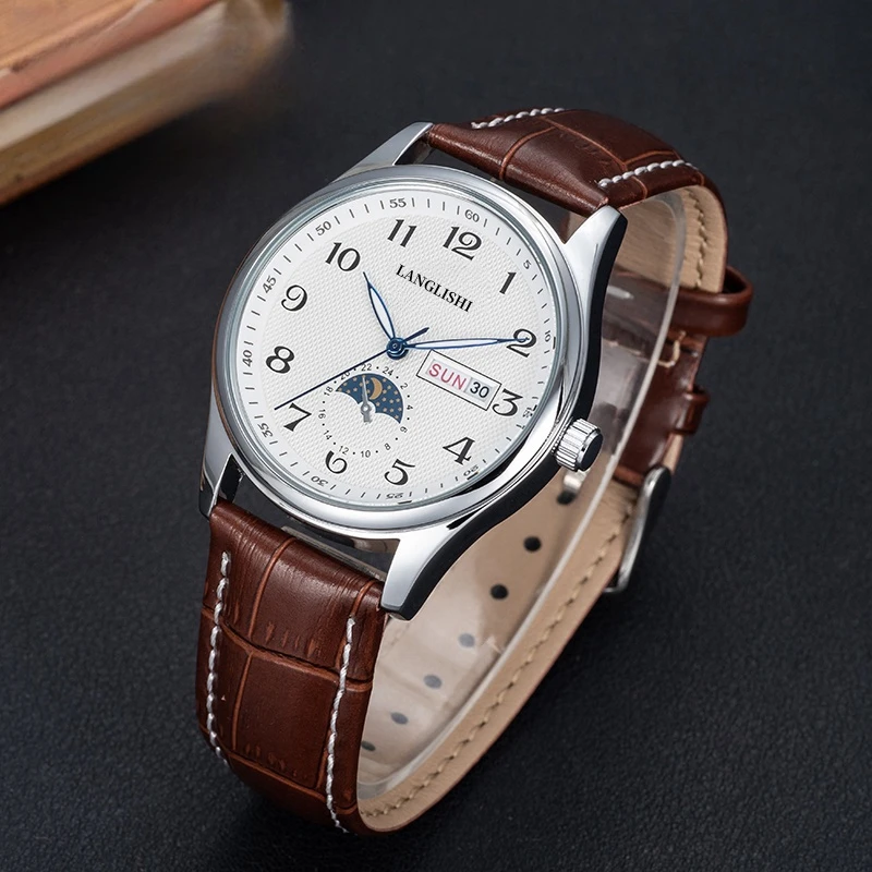 【新年福利】男士经典白盘月相棕皮数字双历夜光手表潮商务时尚腕表