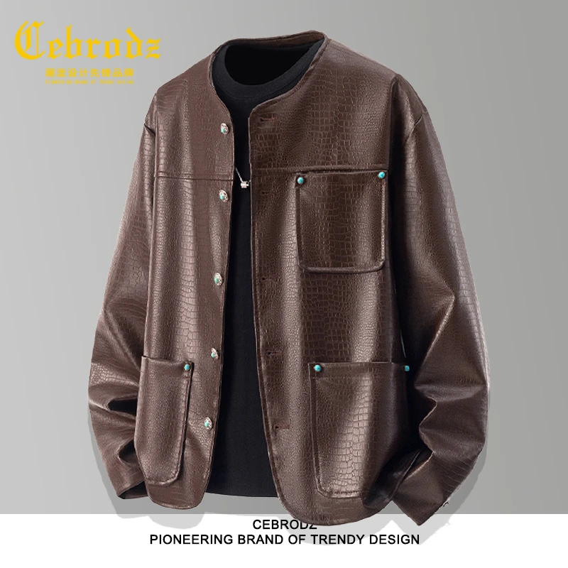 法国Cebrodz商务棕色皮衣男秋季新款蓝宝石扣蛇纹免烫夹克外套潮