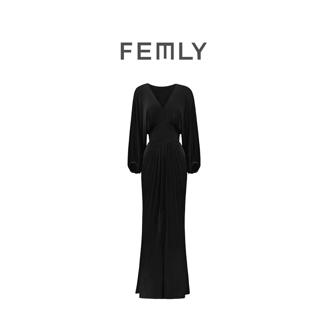 FEMLY/法曼丽 法式V领收腰性感时尚优雅设计款长裙3179