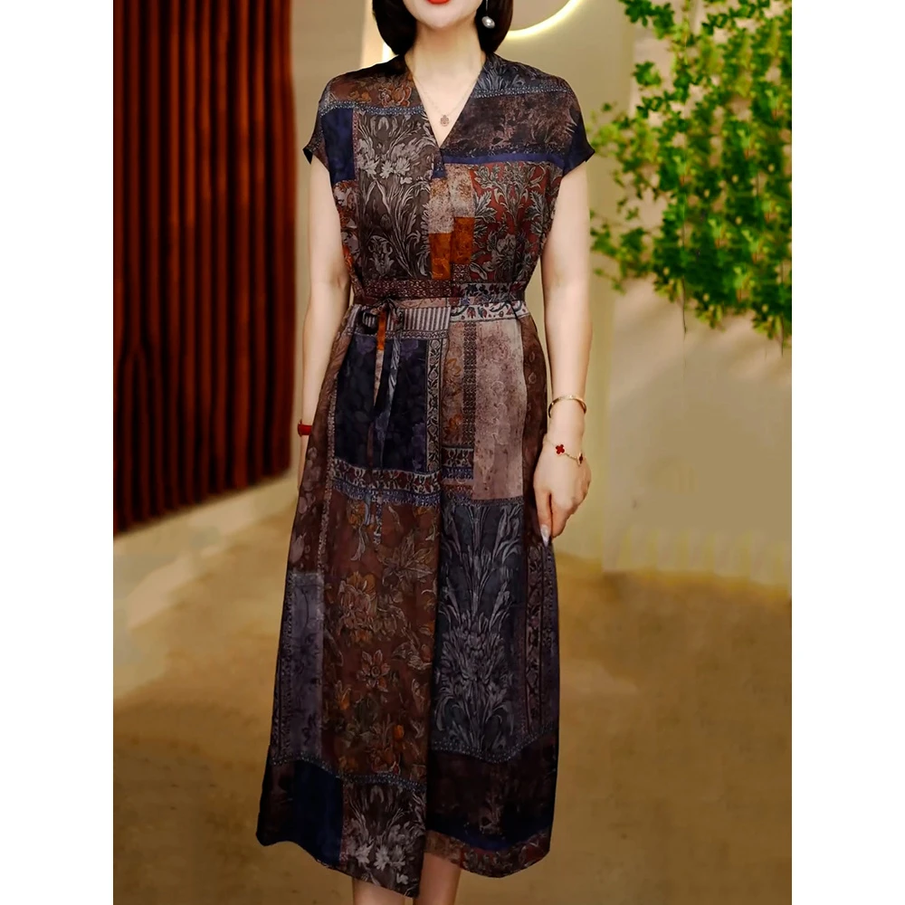 端庄优雅印花V领显瘦连衣裙女2025夏季新款时尚洋气系带收腰A字裙