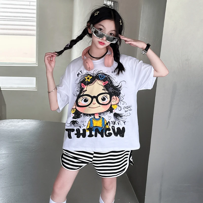 女童休闲运动套装夏2025新款6-12岁中大童女孩夏季短袖短裤两件套