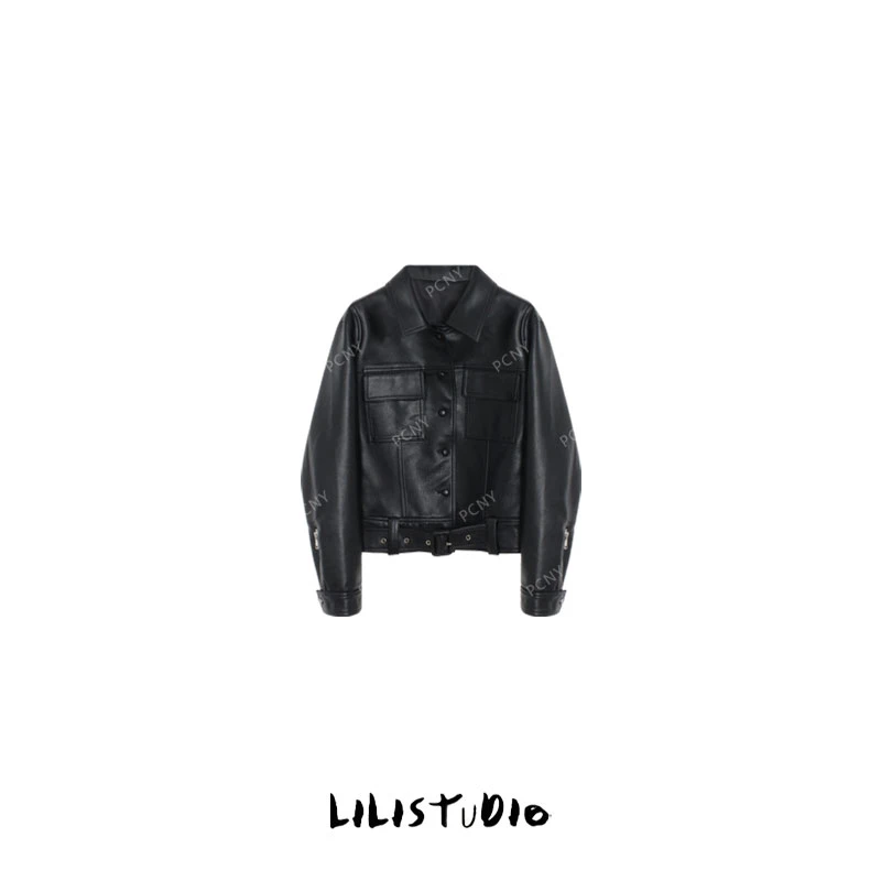 PCNY「街拍辣妹」不理理秋季新款女装甜酷机车风翻领皮衣外套