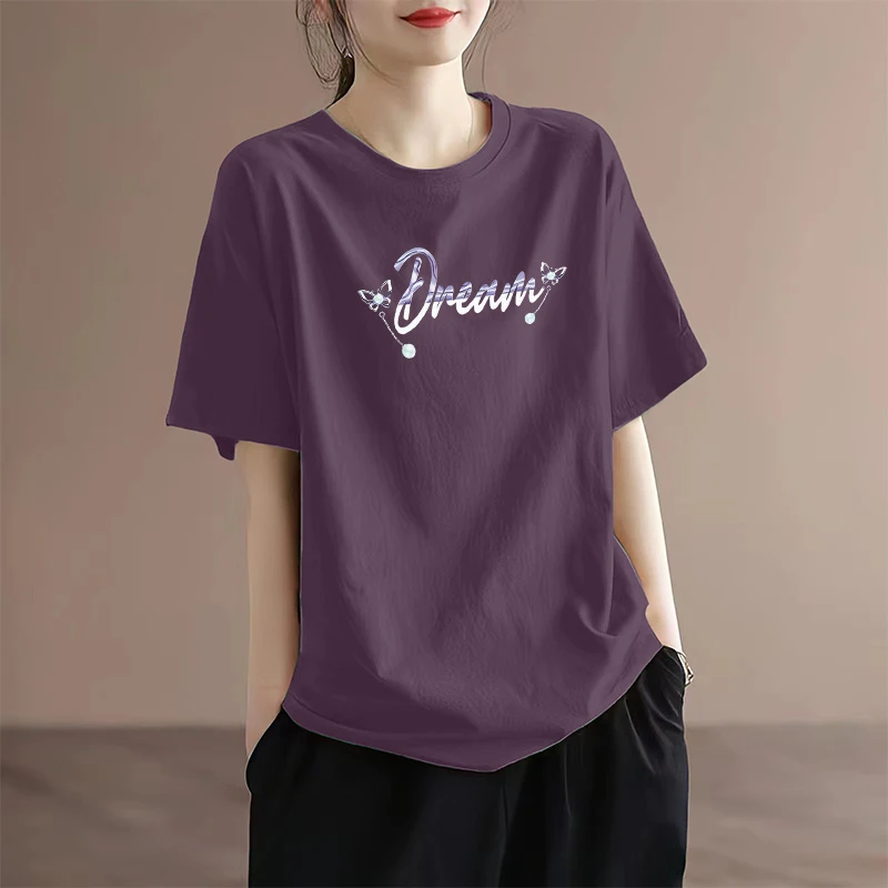 2025新款纯棉短袖t恤女士夏装宽松大码遮肚正肩半袖爆款上衣打底