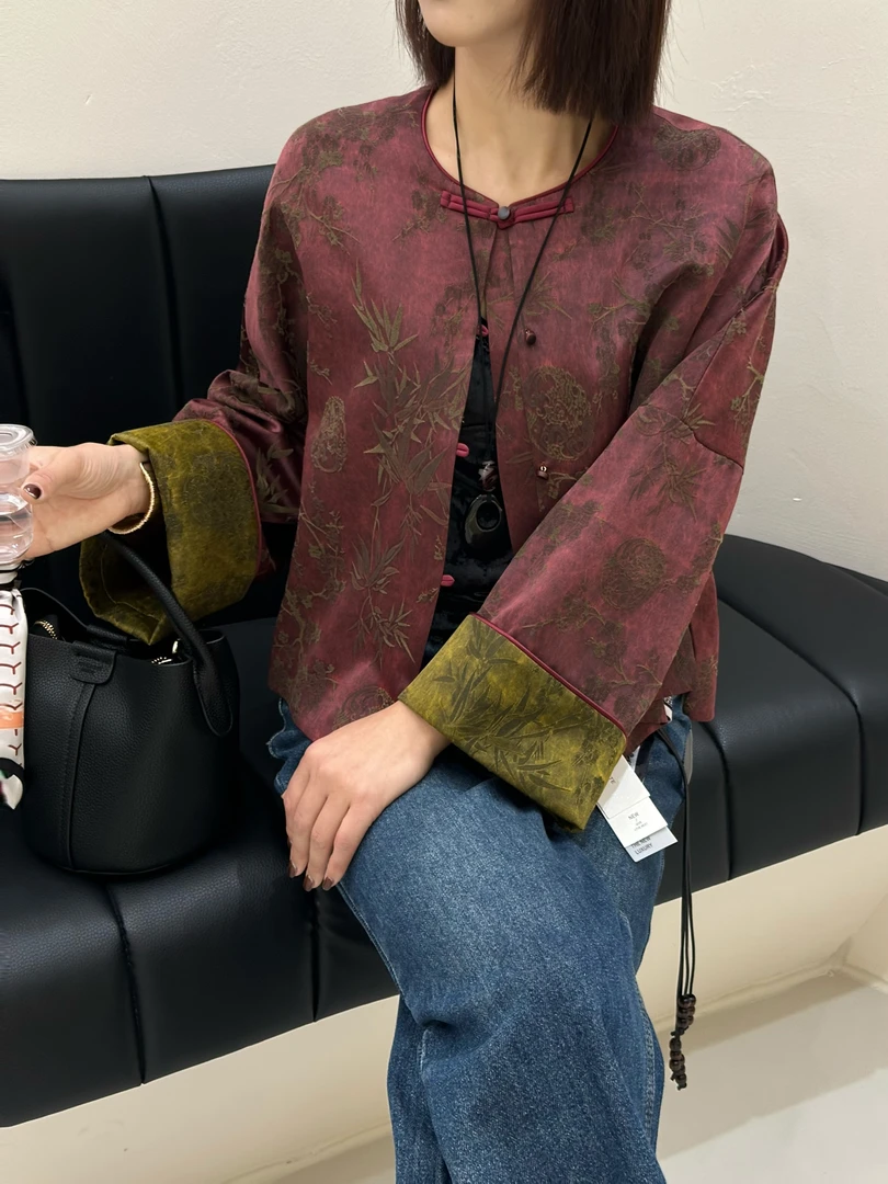 [5862]秋季提花长袖开襟圆领薄款短外套新中式宽松复古外套WT042