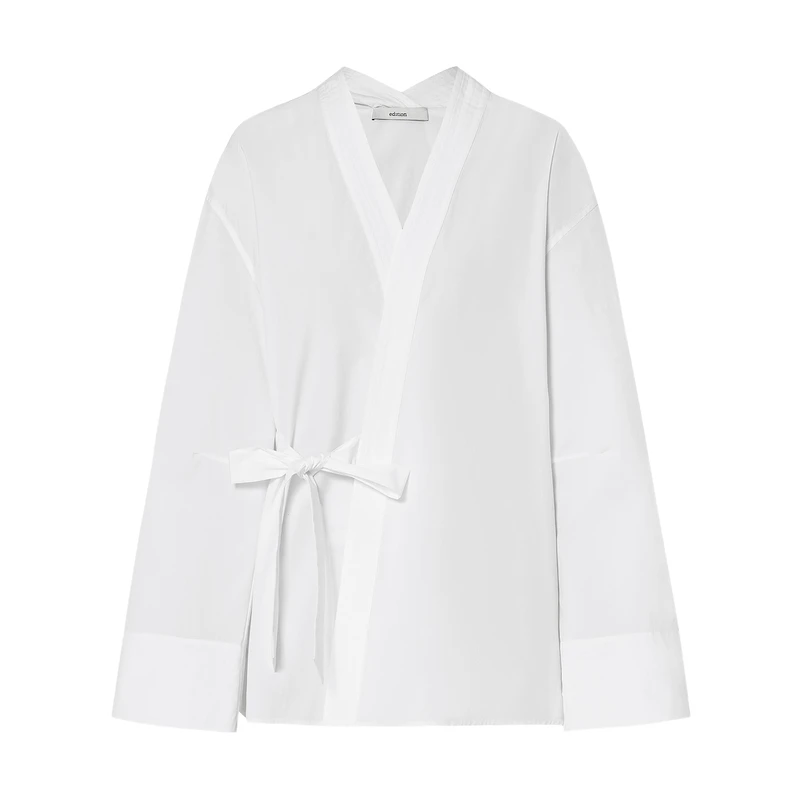 【达人专属】edition交叠式中式系带V领白衬衫#EBD4TOP002