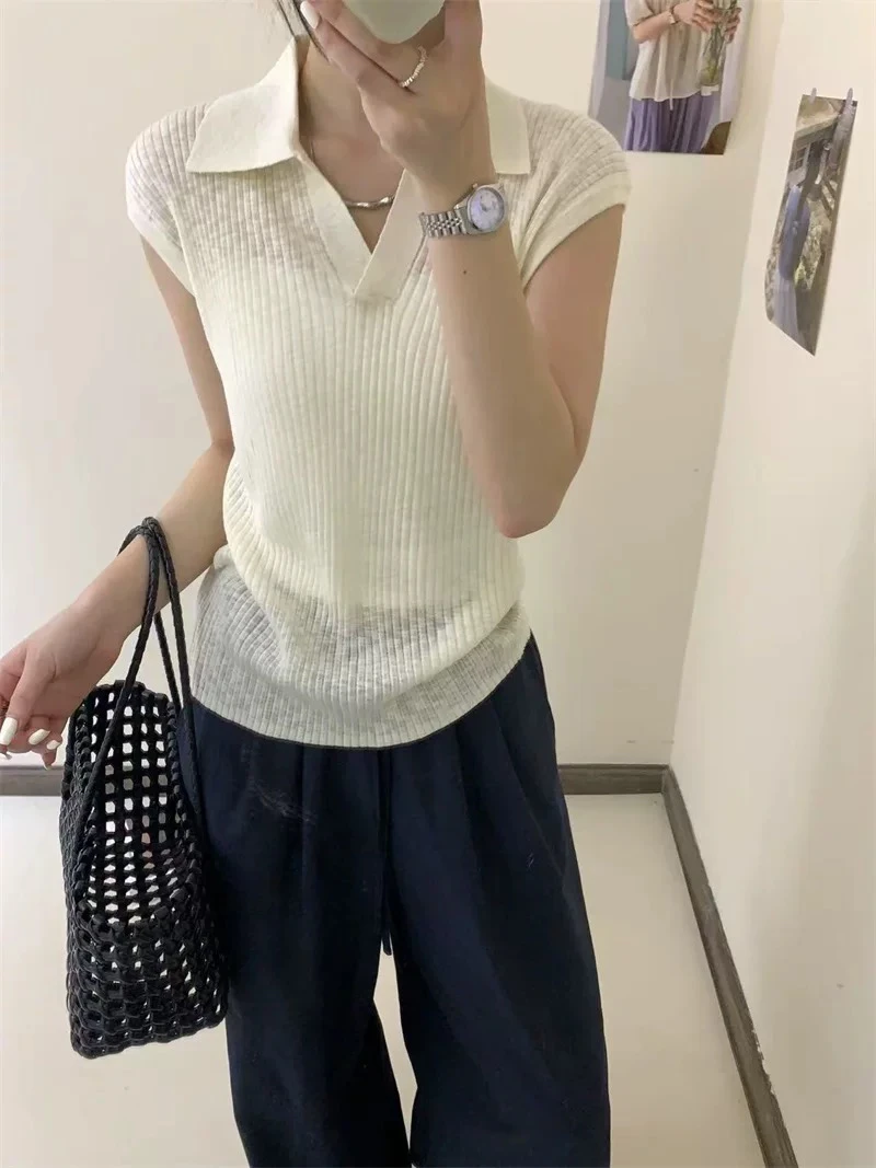 YANGYANG 新款翻领无袖针织衫女百搭显瘦宽松短袖T恤#3521