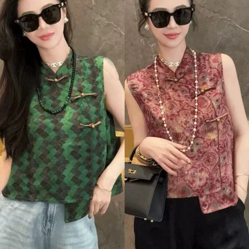 2025夏季缎面新款新中式印花国风无袖马甲外搭上衣