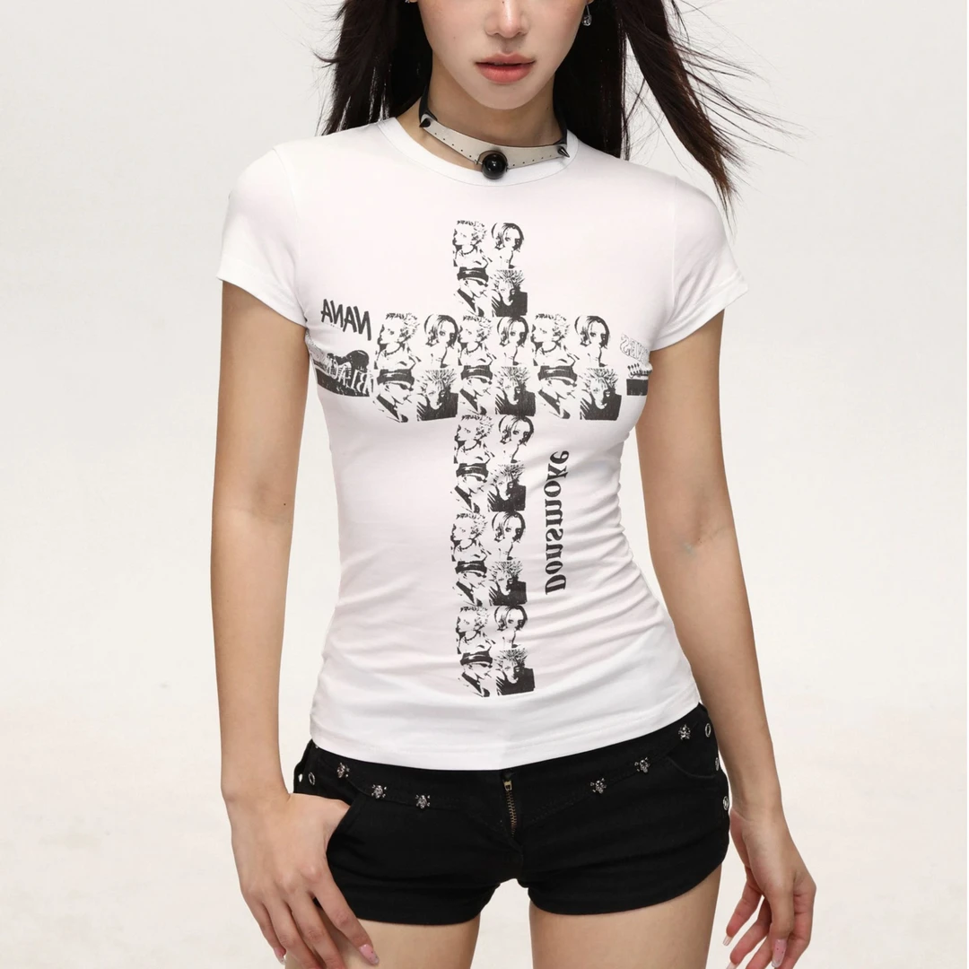 美式圆领显瘦辣妹短款T恤女修身印花收腰复古夏季小众别致女短袖