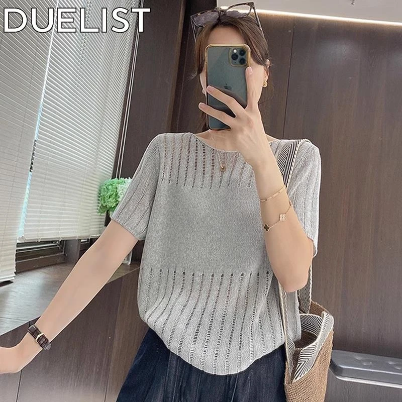 DUELIST大码胖薄款针织衫短袖恤女夏季宽松设计感镂空罩衫上衣女