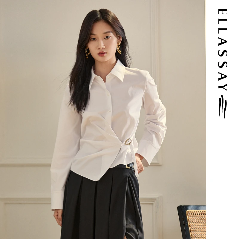 ELLASSAY歌力思2025早秋新款棉结带褶皱设计衬衫女EWB363C00100