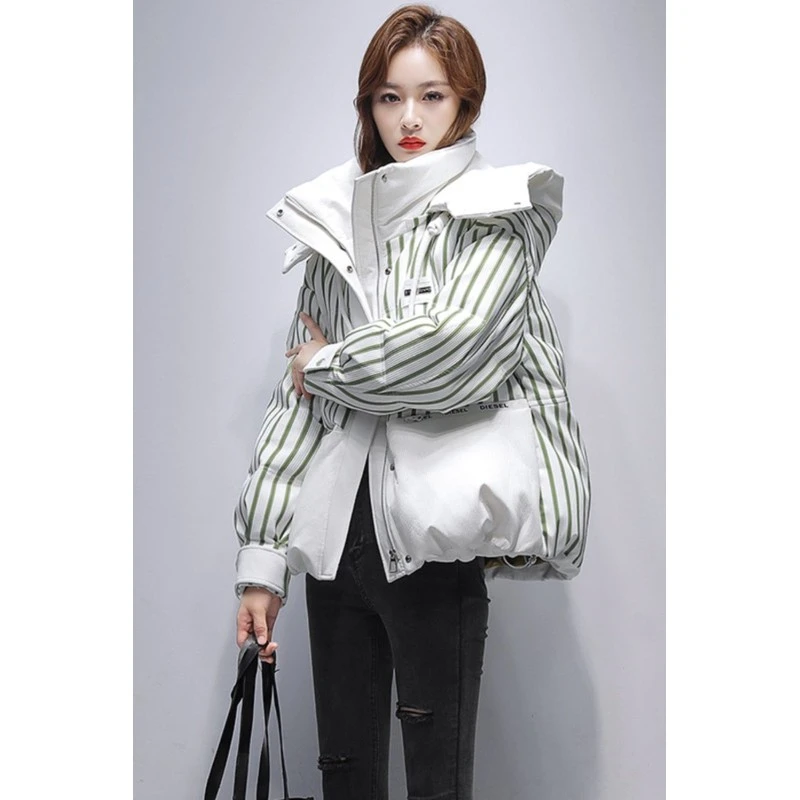 条纹撞色短款服女2025秋冬新款时尚连帽小个子棉衣外套