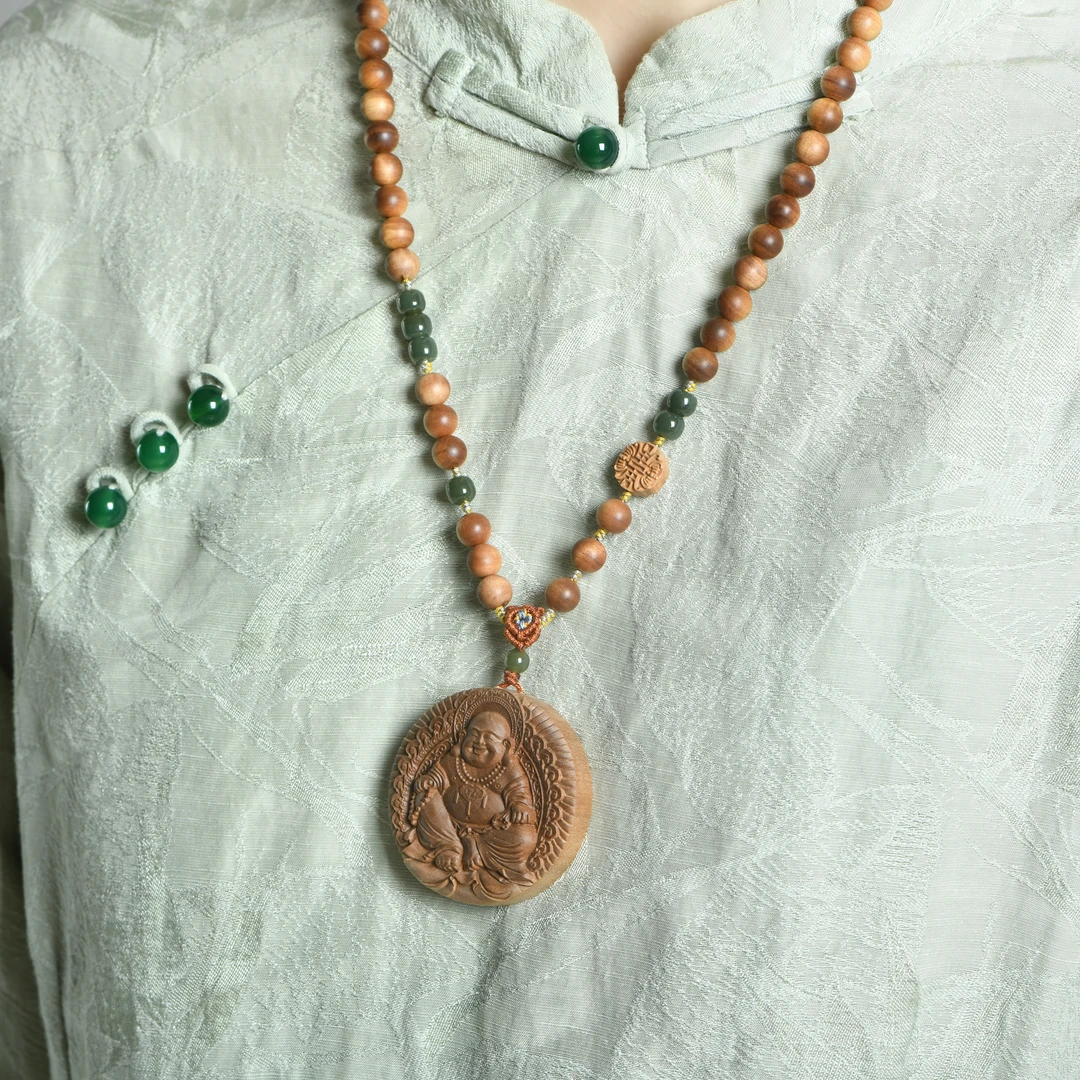 印度老山檀香横纹黑肉精雕弥勒佛牌项坠沉水0.8脖挂