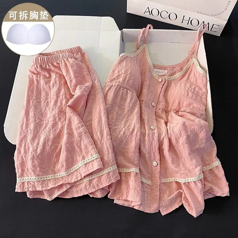 法式吊带睡衣女夏天薄款云朵棉粉色短裤套装花边少女公主风家居服