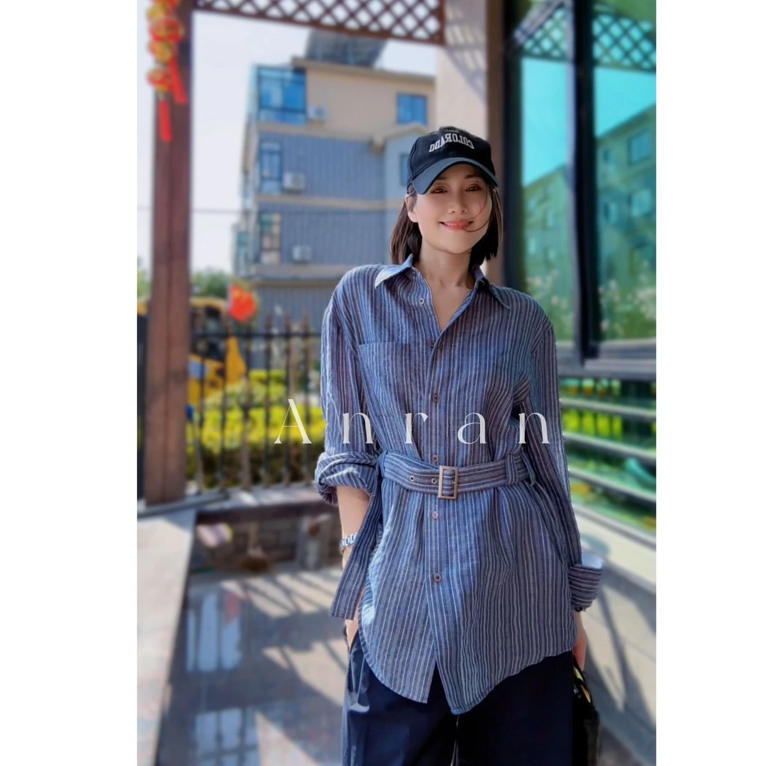 安然【蓝白衬衫】韩系休闲百搭蓝白竖条衬衫慵懒长袖衬衫女宽松3385