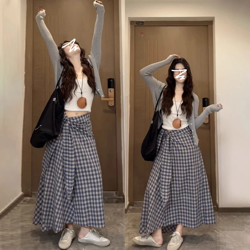 格子系带包臀裙a字半身裙女早秋小个子高腰垂坠感长裙气质半裙子