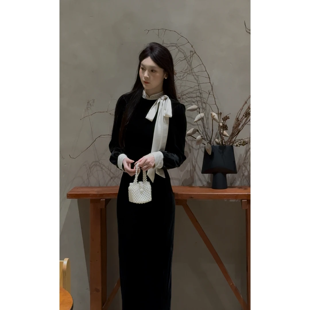 肆意【西西里的美丽传说】法式优雅千金风撞色珍珠领飘带连衣裙