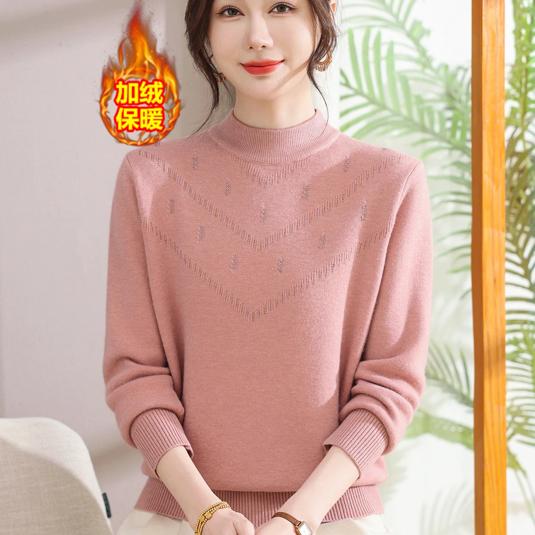 中老年女装秋冬装新款针织打底衫半高领加绒加厚毛衣妈妈时尚上衣