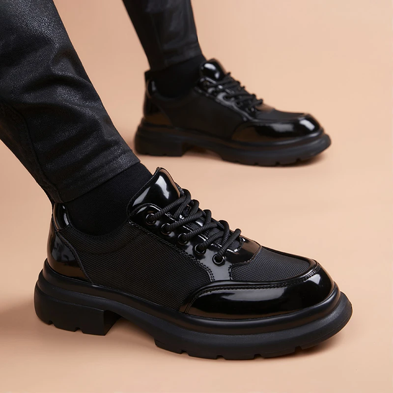 休闲皮鞋男商务男士皮鞋网面英伦风真皮透气系带厚底软底增高男鞋