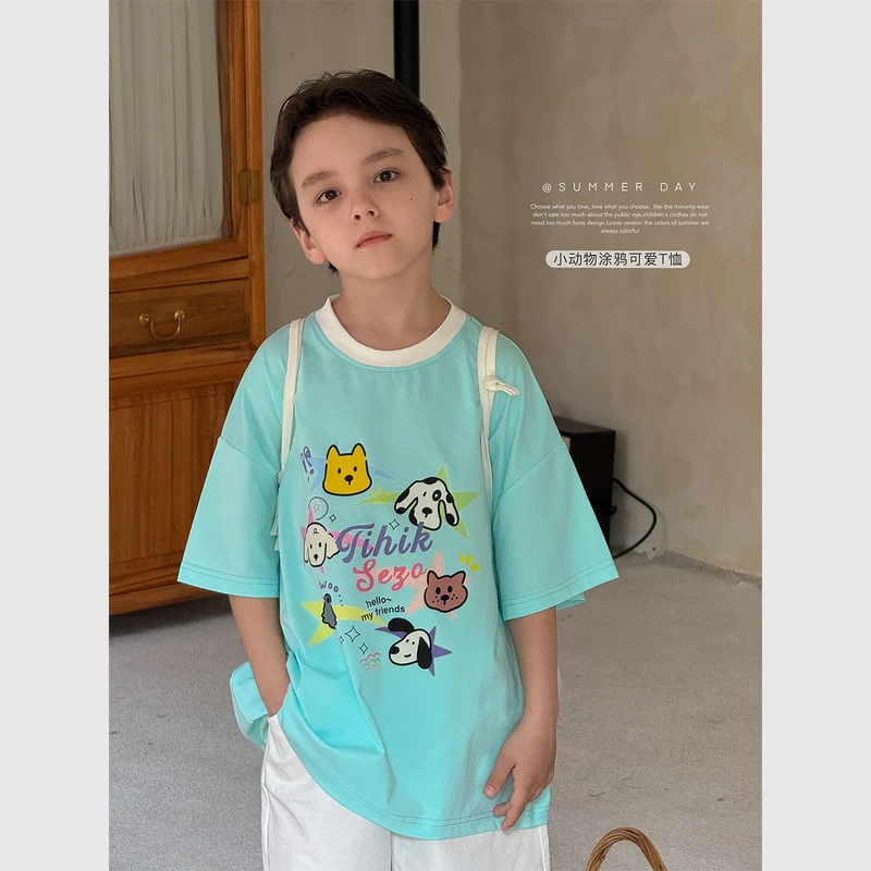 虾酱麻麻男童纯棉短袖t恤薄夏装2025新款上衣洋气撞色儿童装体恤