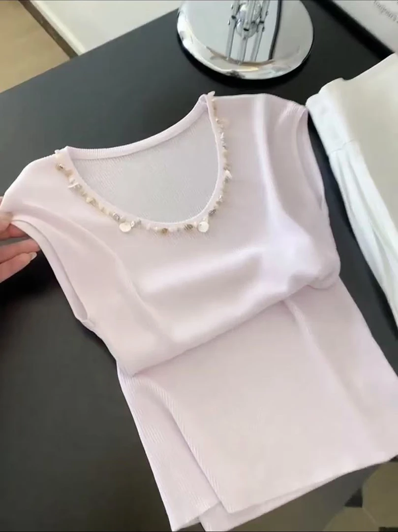 2025夏季新款韩版时尚百搭显瘦短袖T恤女设计感小众钉珠拼接上衣
