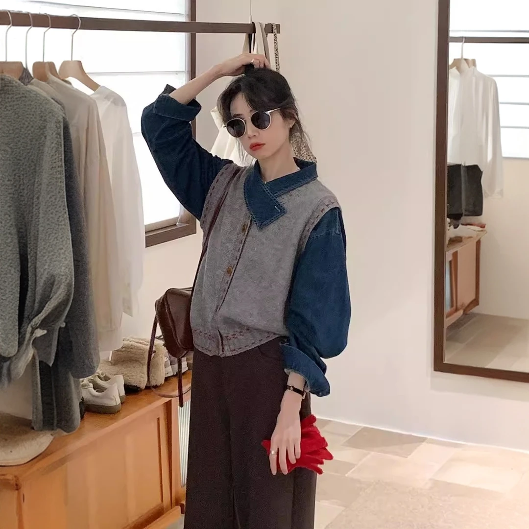 韩系蓝色交叉领牛仔衬衫女新款小个子叠穿宽松上衣马甲两件套