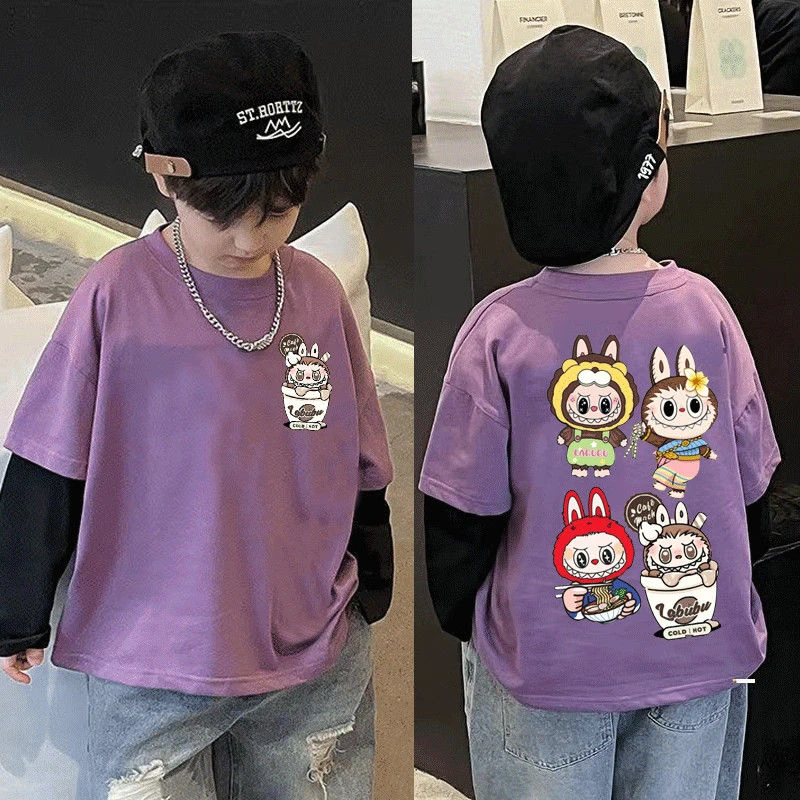 拉布女童儿童纯棉T恤2025男童卡通假两件春秋新款长袖打底上衣款t