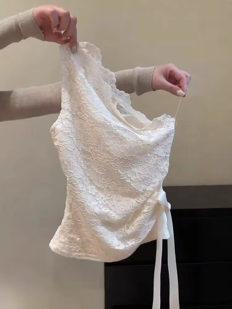 纯欲辣妹蕾丝斜肩蝴蝶结镂空背心女夏季新款修身显瘦外穿内搭上衣