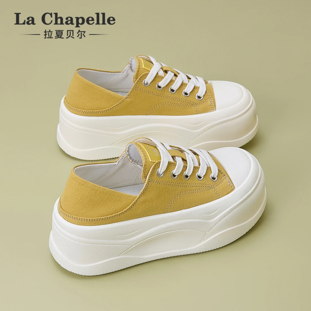 拉夏贝尔黄色帆布鞋女2025新款秋季软底不累脚厚底增高休闲板鞋子