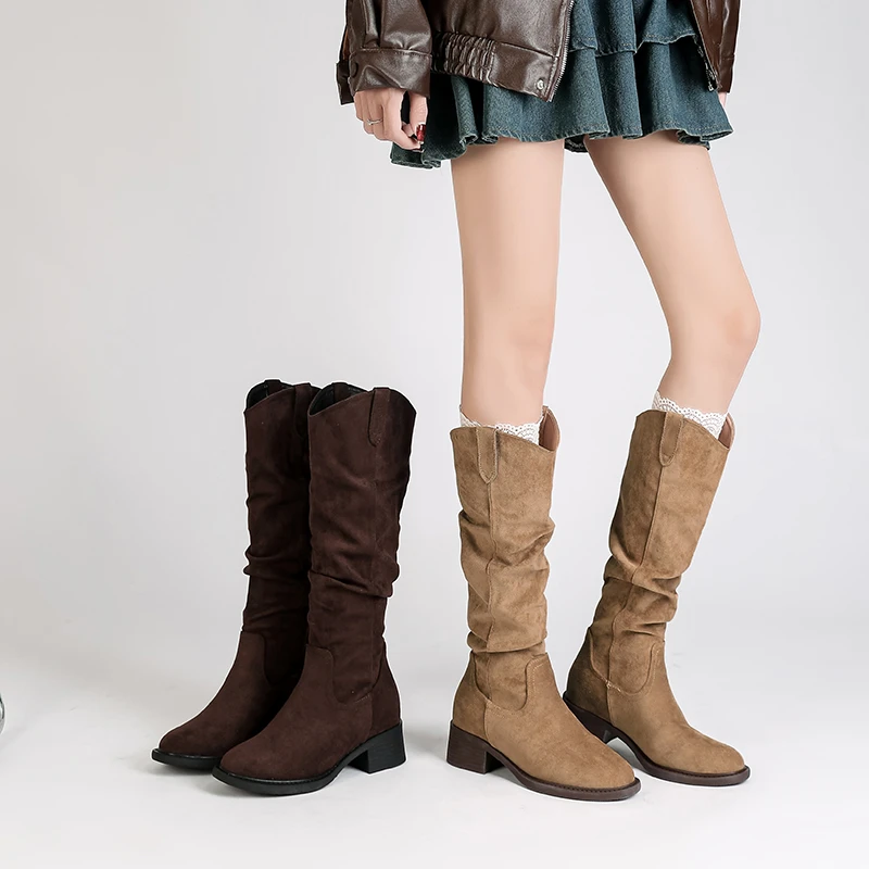 羊皮版~复古V口内增高长靴堆堆靴女2025秋冬加绒小个子高筒西部靴