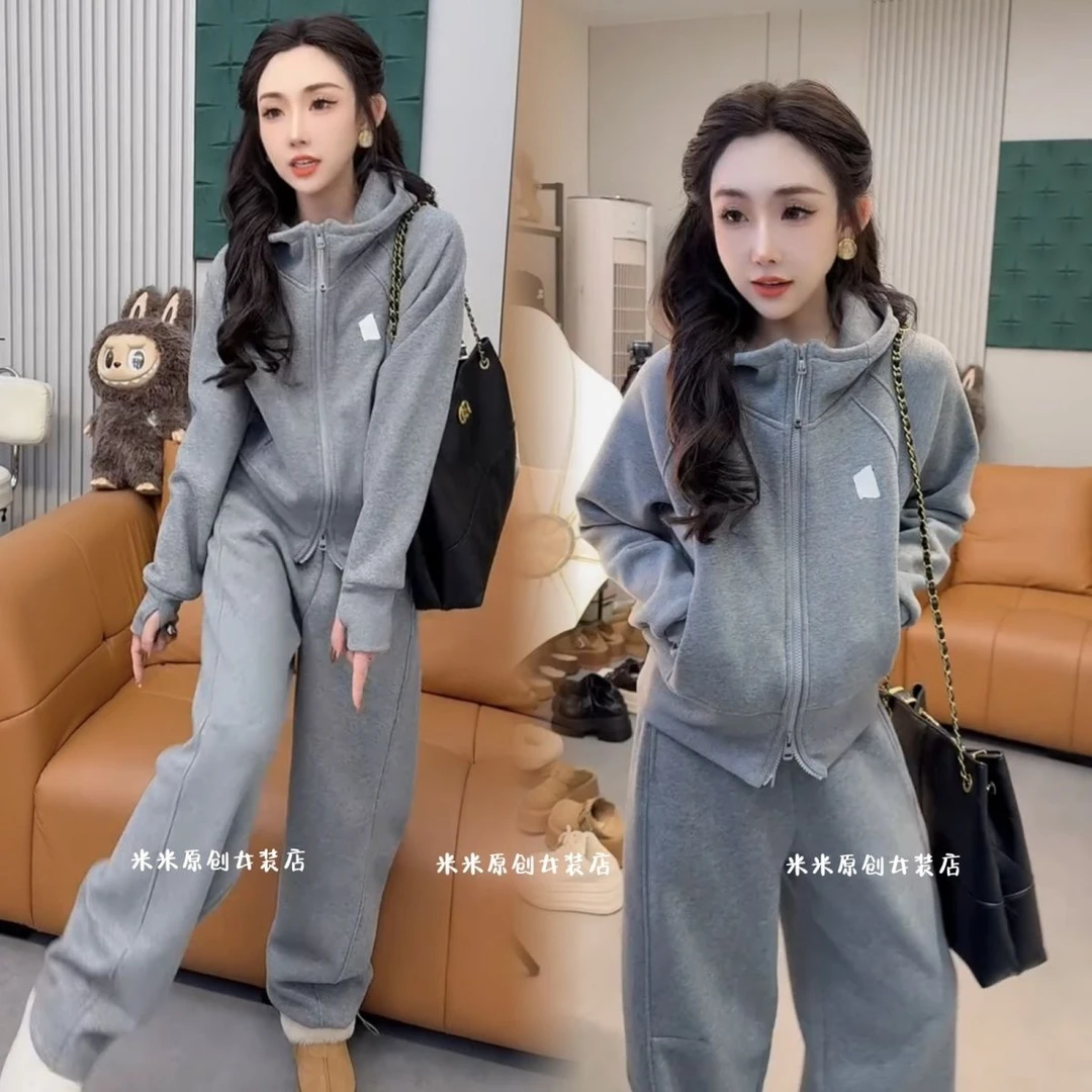 2025冬加绒休闲洋气韩版套装刺绣双拉链开衫外套阔腿裤抽绳两件套