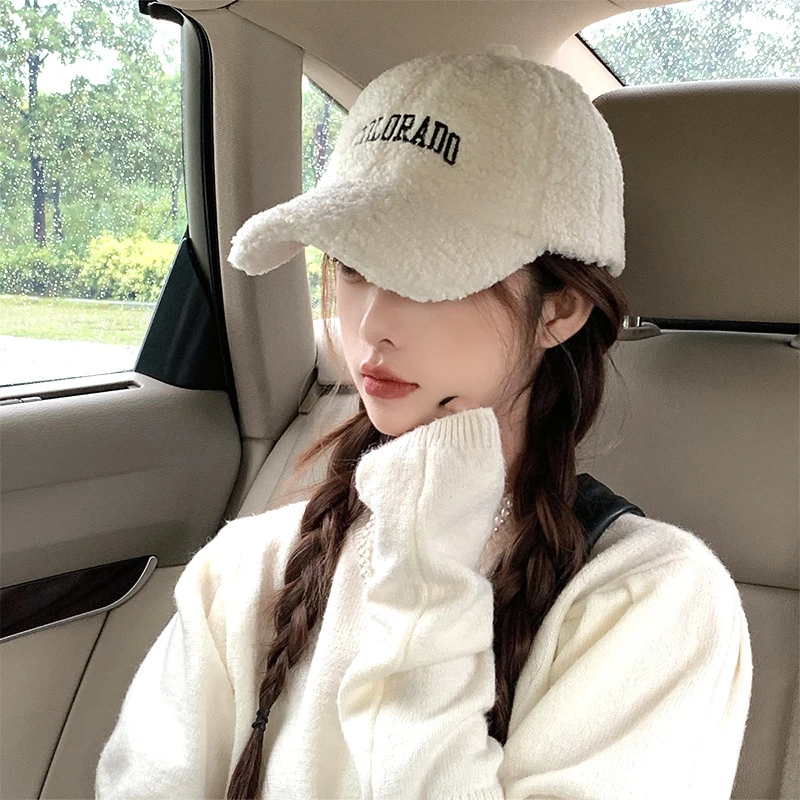 羊羔毛绒棒球帽女秋冬韩版潮宽檐百搭防风保暖字母刺绣鸭舌帽