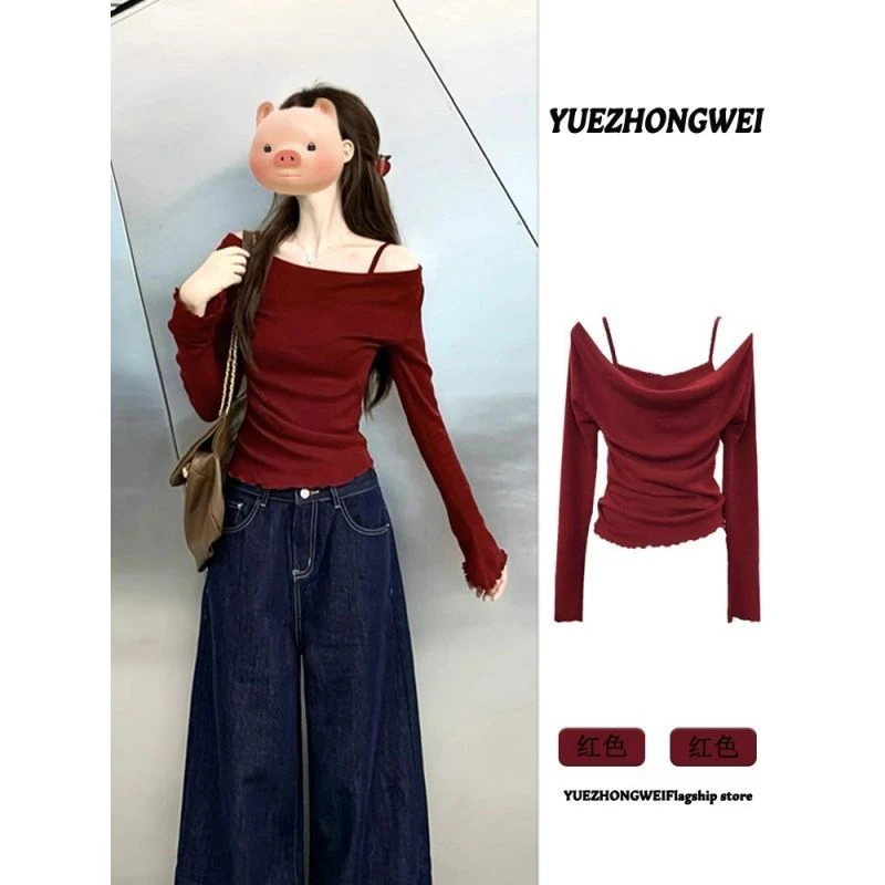 红色一字肩假两件长袖针织衫女2025初秋新款修身露肩早秋chic上衣