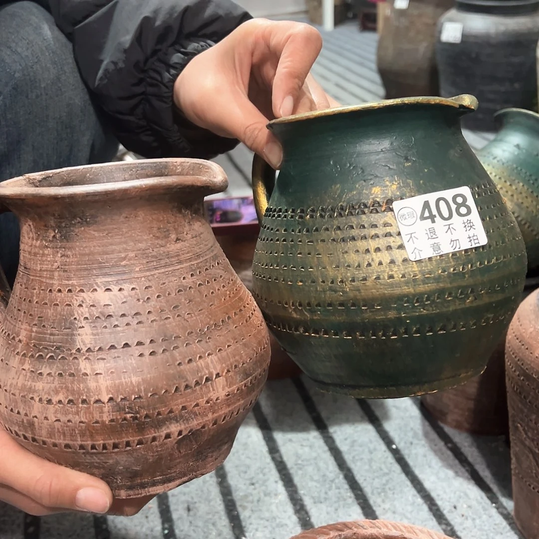 红陶瑕疵红绿壶一对408