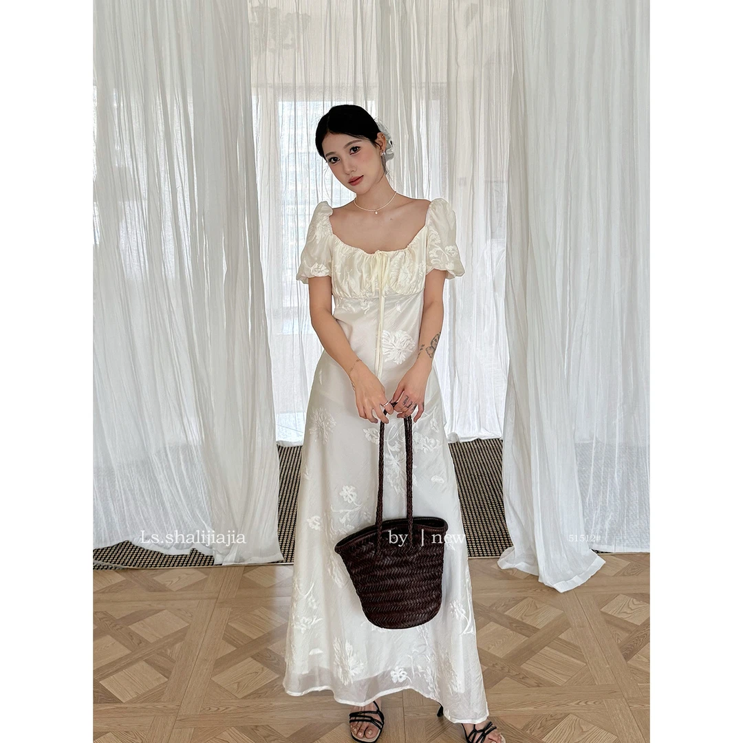 法式气质泡泡袖方领白色连衣裙广州十三行2025夏季新品轻奢仙气