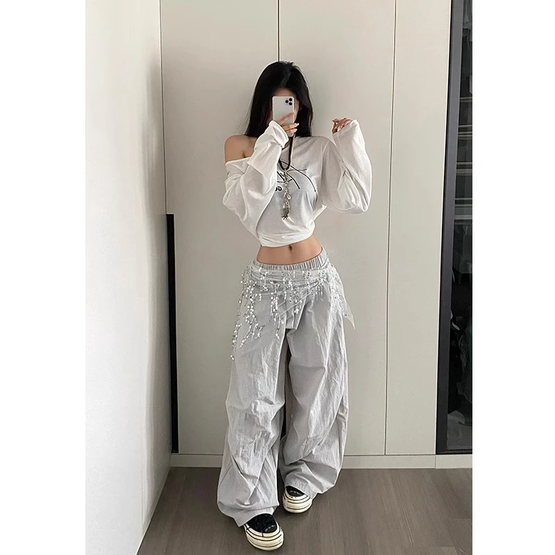 美式流苏亮片屁帘休闲裤子女夏季百搭朋克风跳舞运动风阔腿伞兵裤