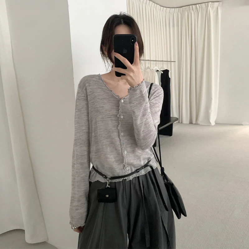 TG 木耳花边针织系扣开衫女2025夏季新款洋气显瘦V领薄上衣