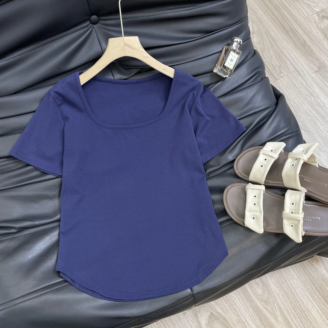 大码洋气复古正肩方领纯色短袖t恤女设计感百搭遮肉显瘦上衣ins潮