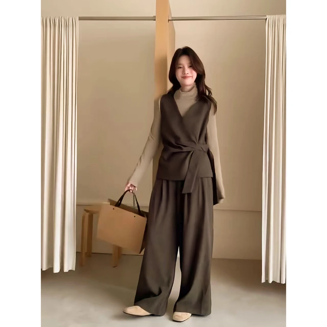 Z1699833-法式气质收腰马甲套装女年新款显瘦打底衫阔腿裤三件套
