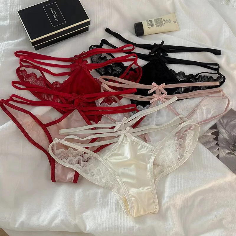 钓系腰姬*蝴蝶结性感缎面蕾丝内裤女高腰提臀火辣诱惑女士三角裤