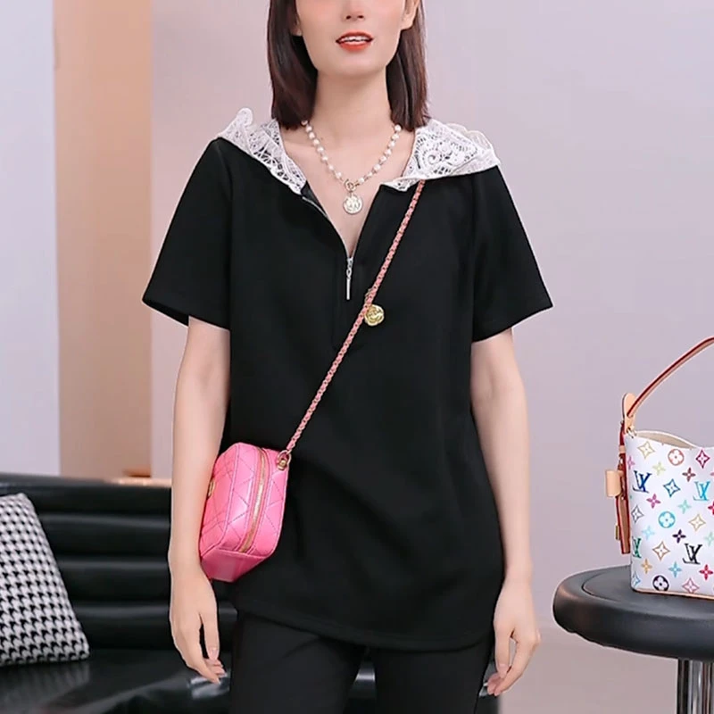 洋气减龄蕾丝女士连帽t恤2025夏季新款时尚显瘦帽衫短袖休闲上衣